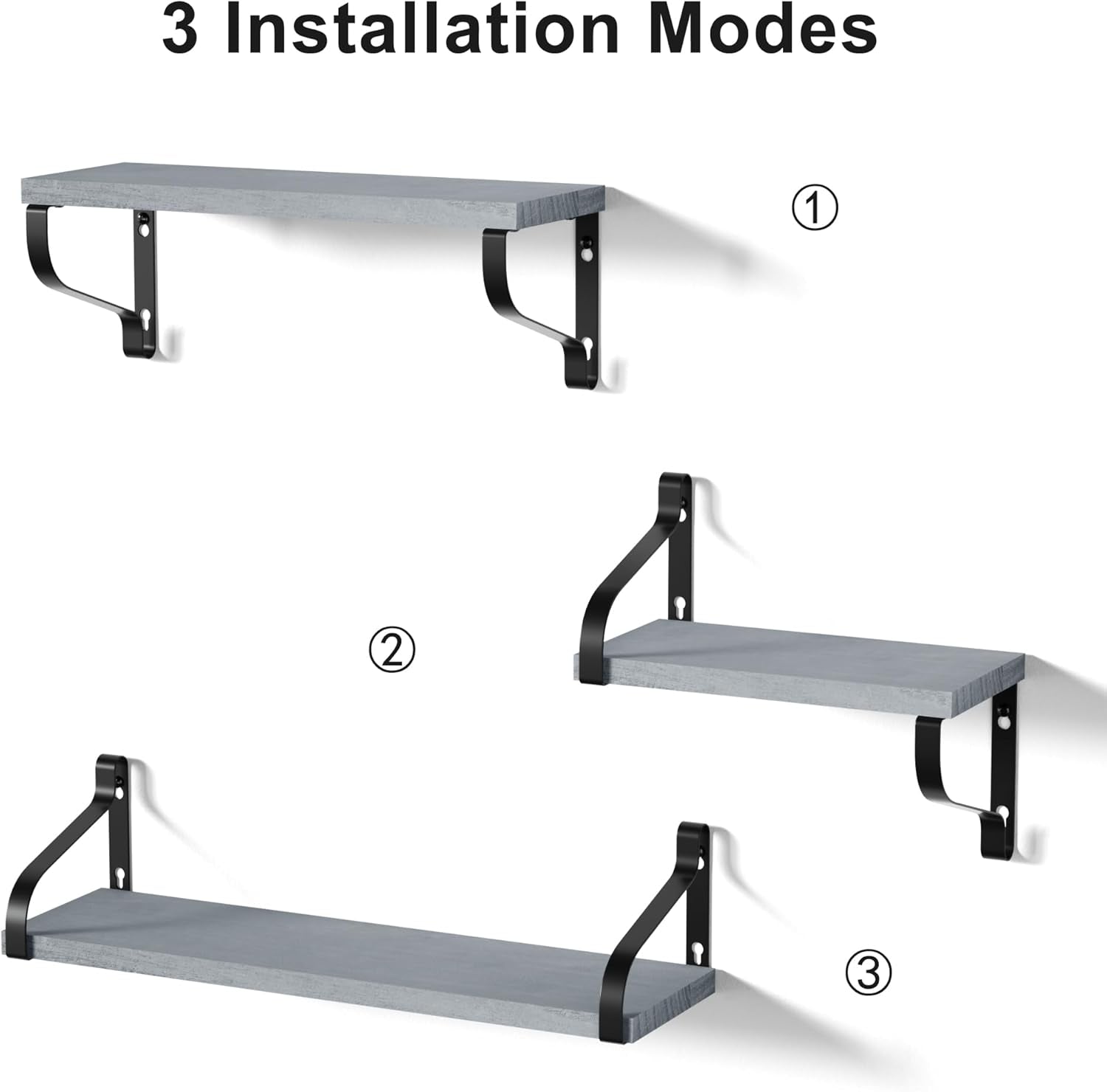 Set of 3 Rustic Wall-Mounted Floating Shelves in Weathered Grey Wood for Versatile Home Decor