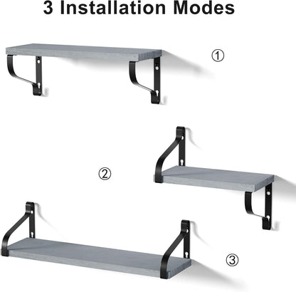 Set of 3 Rustic Wall-Mounted Floating Shelves in Weathered Grey Wood for Versatile Home Decor
