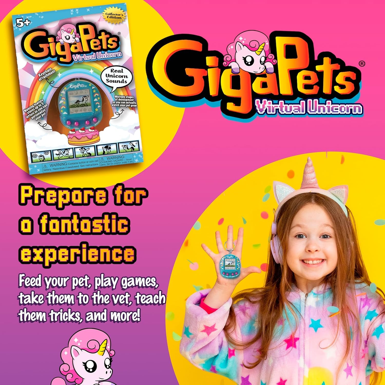 Giga Pets Unicorn Virtual Pet Toy, Collector's Edition-Glossy Housing Shell, Nostalgic 90s Design, 3D Interactive Motion 