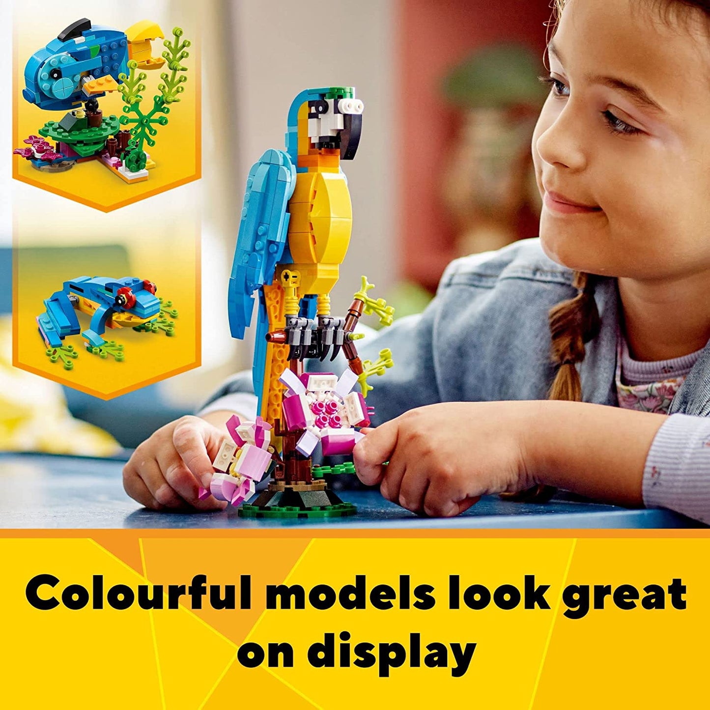 Creator 3-in-1 Exotic Parrot Building Toy Set-Transforms into Parrot, Fish, and Frog Figures, Ideal Creative Toy Ages 7+ 