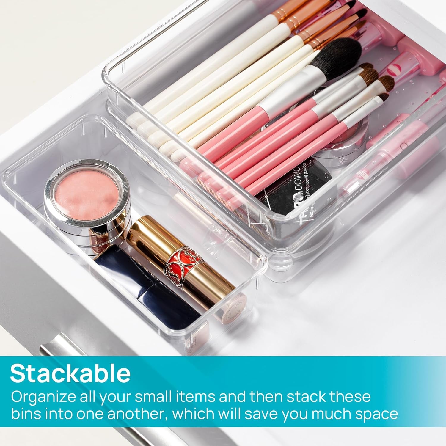 25 PCS Plastic Clear Drawer Organizer, Acrylic Desk Drawer Organizers, Organization and Storage for Makeup, Bathroom, Office, Kitchen, Bedroom