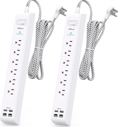 Dual Pack Power Strip - Surge Protector with 6 Outlets and 4 USB Charging Ports, 5Ft Braided Extension Cord, Flat Plug, Overload Protection, Wall Mount for Home and Office Use