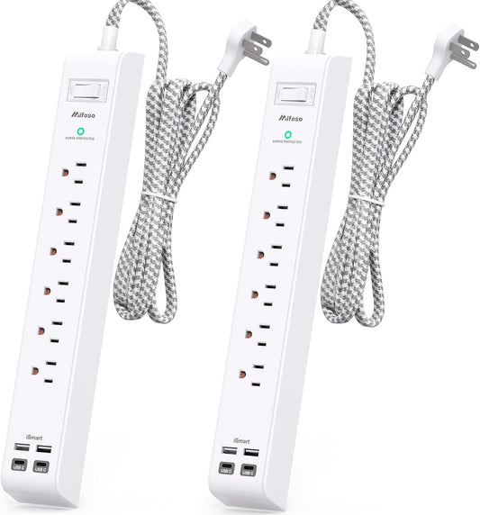 Dual Pack Power Strip - Surge Protector with 6 Outlets and 4 USB Charging Ports, 5Ft Braided Extension Cord, Flat Plug, Overload Protection, Wall Mount for Home and Office Use