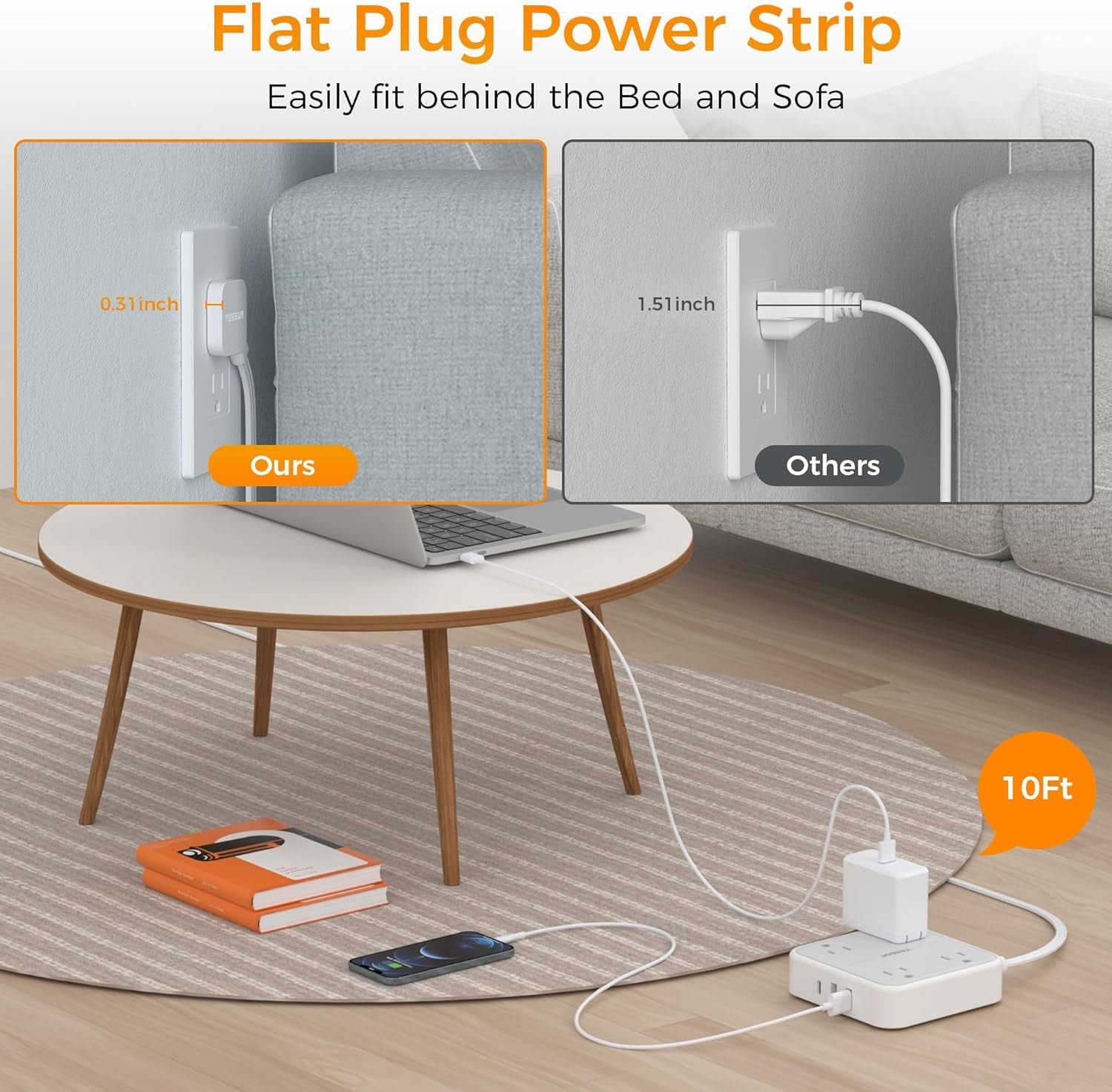 Flat Plug Power Bars Surge Protector, Flat Extension Cord Indoor 10 Feet, Power Strip with 4 Multiple Outlets 3 USB Ports (1 USB C), Surge Protection for Dorm Room Home Office, Gray