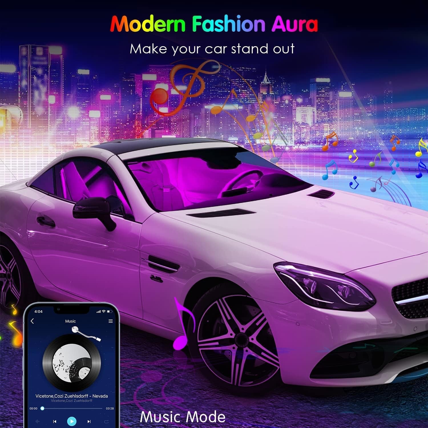 Interior LED Car Lighting System with Remote and App Control, Music Sync, RGB Color Change, and 12V Car Charger