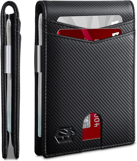 Men's Slim RFID Bifold Leather Wallet with Money Clip, ID Window, 12 Card Slots, and Gift Box