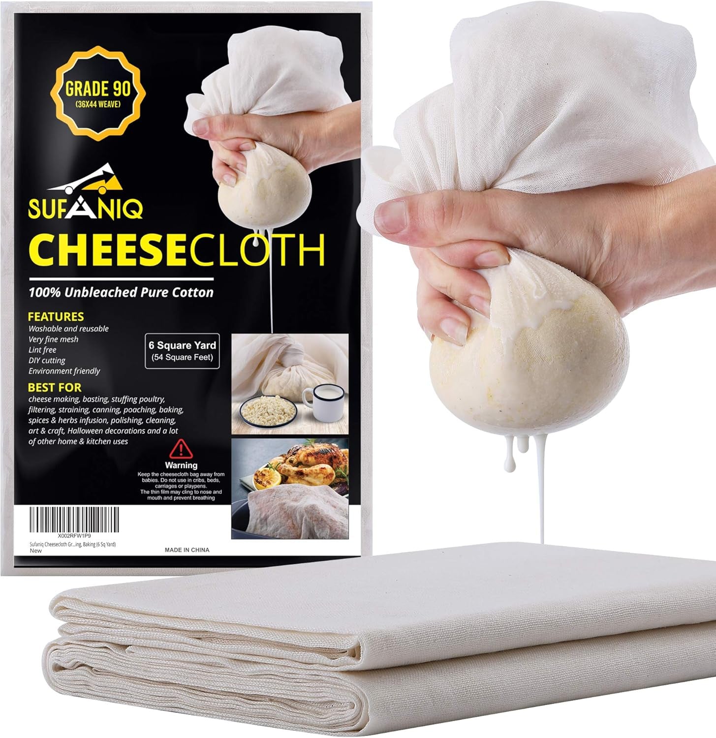 Premium Grade 90 Cheesecloth - 100% Pure Unbleached Cotton, Reusable Ultra Fine Fabric for Straining and Butter Muslin, 9 Sq ft
