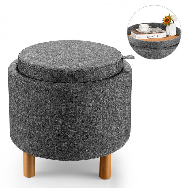 Round Fabric Storage Ottoman with Tray and Non-Slip Pads for Bedroom Organization