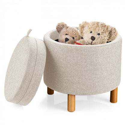 Round Fabric Storage Ottoman with Tray and Non-Slip Pads for Bedroom Organization