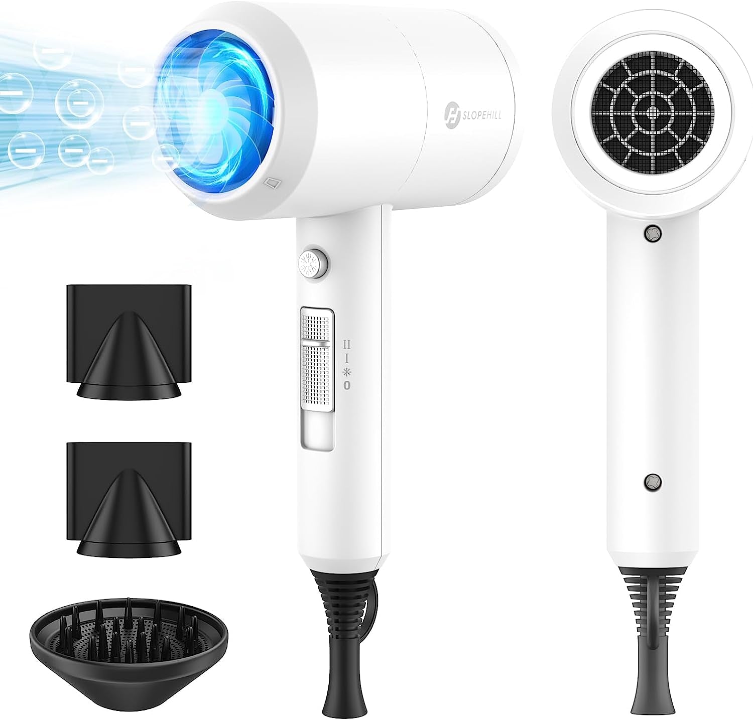 Ionic Hair Dryer - 1800W Professional Fast-Drying Blow Dryer with Low Noise, 2 Concentrator Nozzles, and 1 Diffuser Attachment