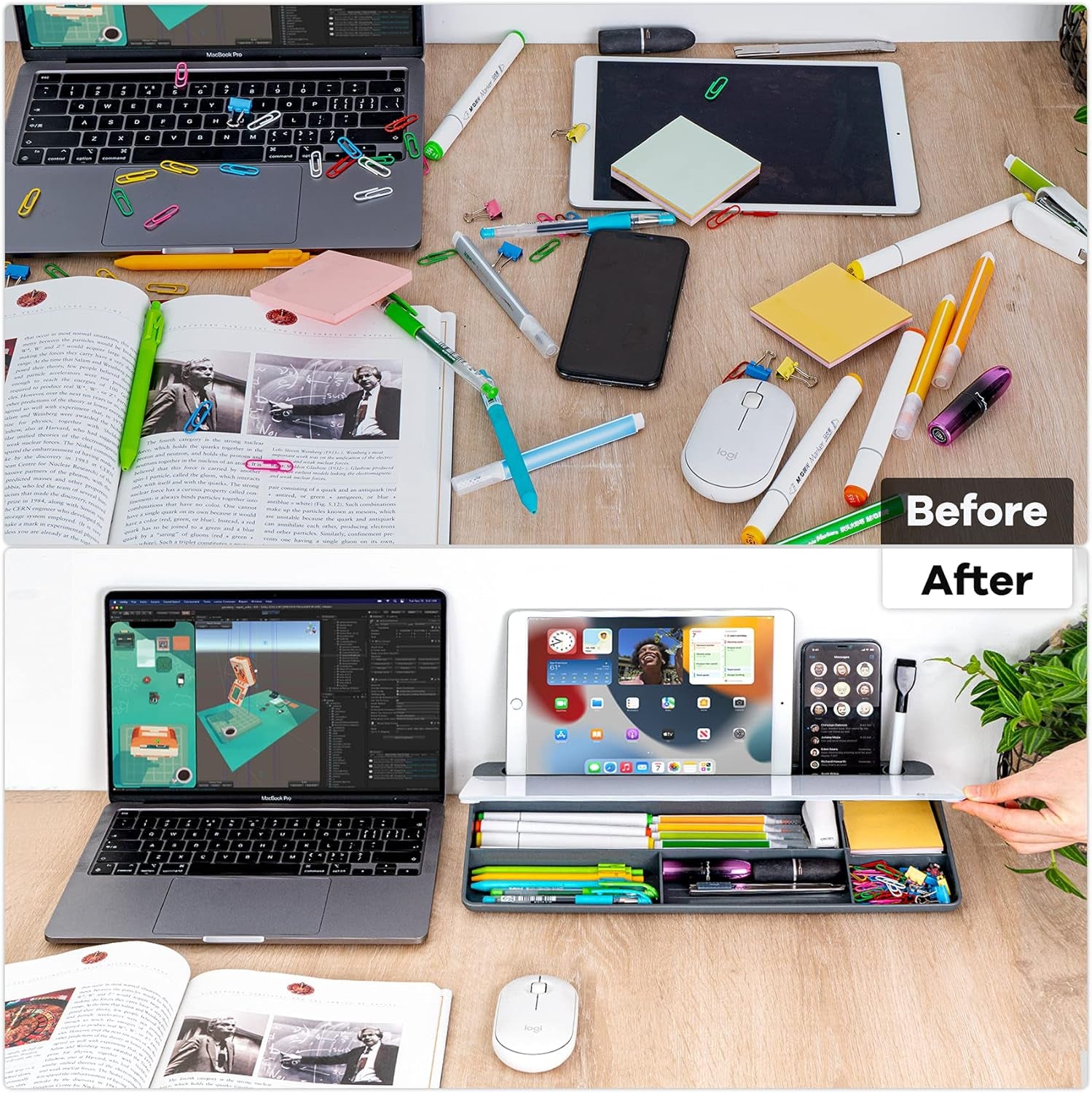 Dry Erase Glass Desk Whiteboard with Storage Caddy - Desktop Memo Notepad for Home Office and School (Gray)