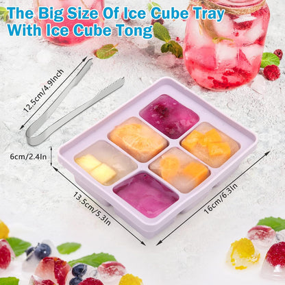 Silicone Ice Cube Tray Set with Lid and Tongs, 3-Pack Large BPA-Free Molds, Flexible Stackable Freezer Containers