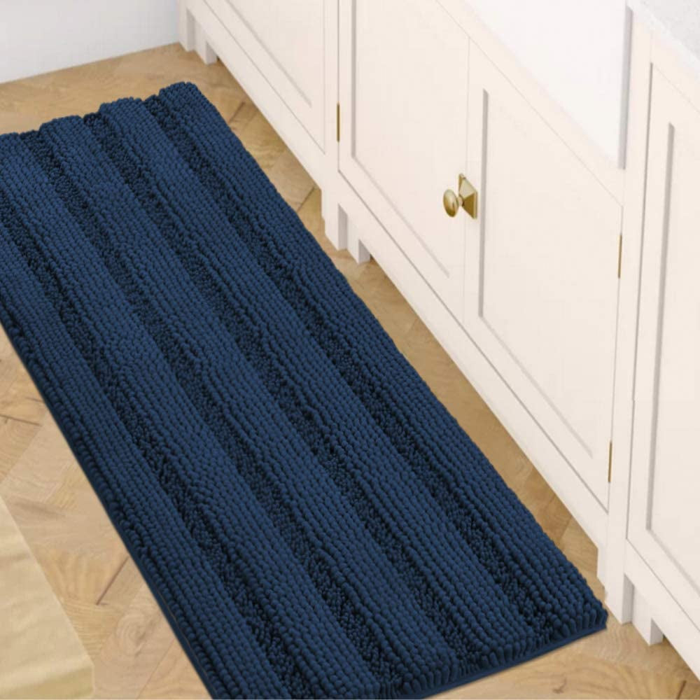 Set of 2 Striped Anti-Slip Bath Mats - Soft Plush Chenille Shaggy Floor Mats  - Water Absorbent (Grey, 32 x 20 & 24 x 17 Inches)