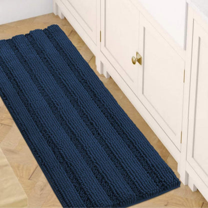 Set of 2 Striped Anti-Slip Bath Mats - Soft Plush Chenille Shaggy Floor Mats  - Water Absorbent (Grey, 32 x 20 & 24 x 17 Inches)
