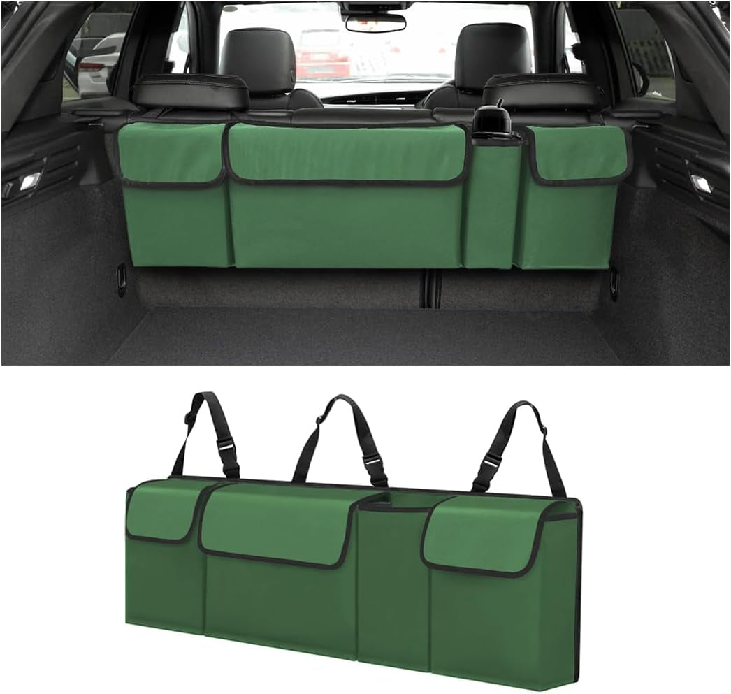 Car Trunk Organizer - Waterproof, Durable Backseat Hanging Cargo Bag with Adjustable Anti-Slip Straps and 4 Pockets (Black)