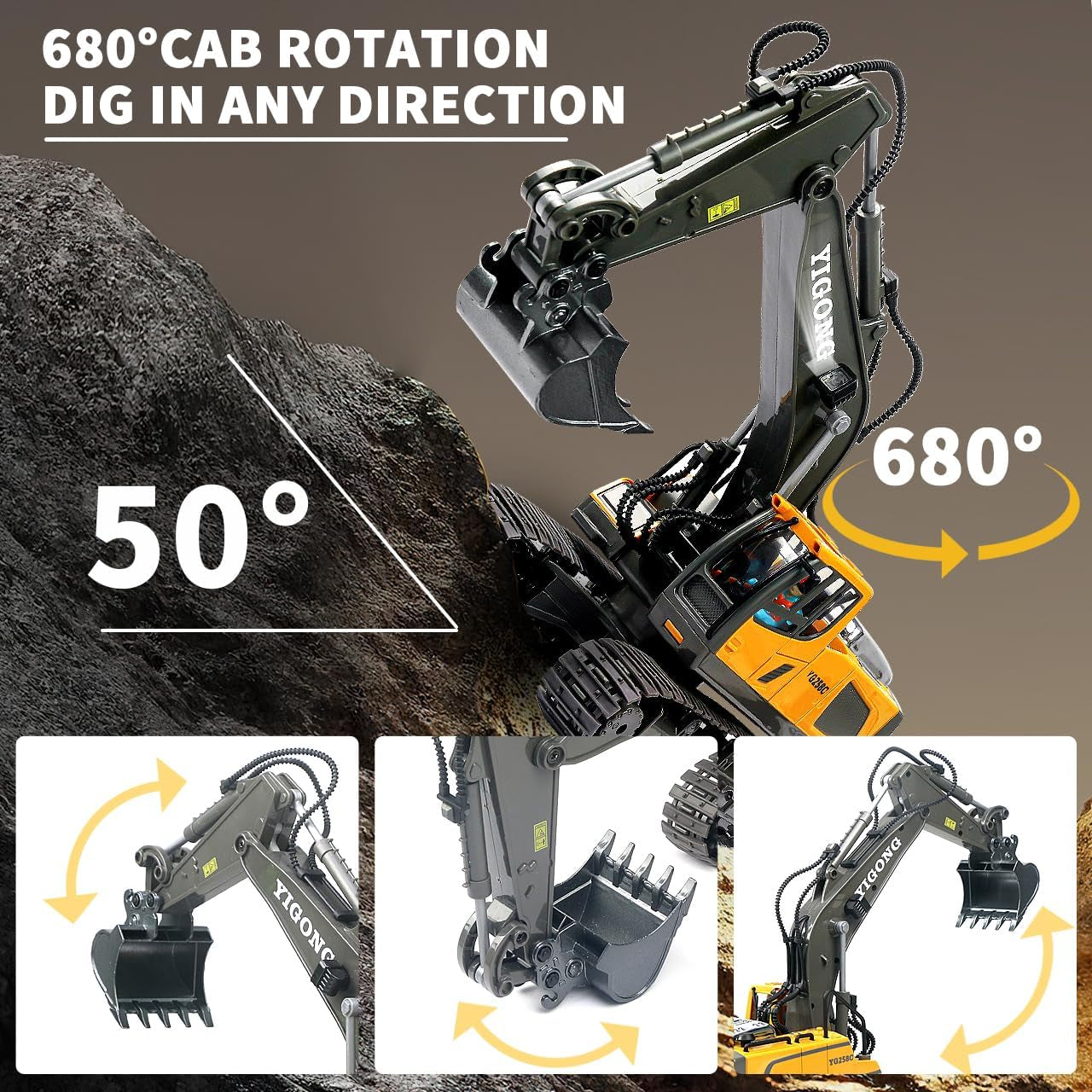 Remote Control Excavator Toy for Boys Ages 4+, RC Construction Vehicle-Metal Shovel, Lights, Sounds, 2.4GHz, 680-Degree Rotation 