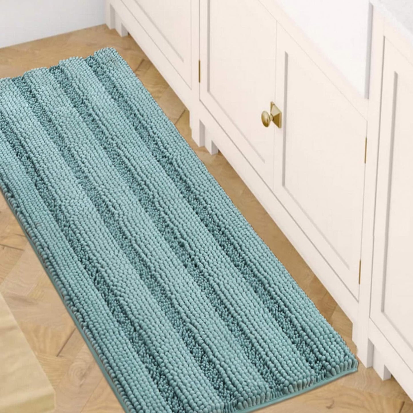 Set of 2 Striped Anti-Slip Bath Mats - Soft Plush Chenille Shaggy Floor Mats  - Water Absorbent (Grey, 32 x 20 & 24 x 17 Inches)