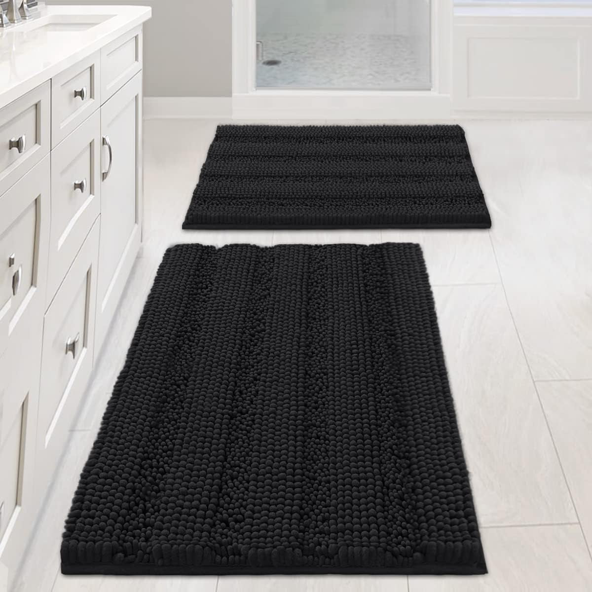 Set of 2 Striped Anti-Slip Bath Mats - Soft Plush Chenille Shaggy Floor Mats  - Water Absorbent (Grey, 32 x 20 & 24 x 17 Inches)