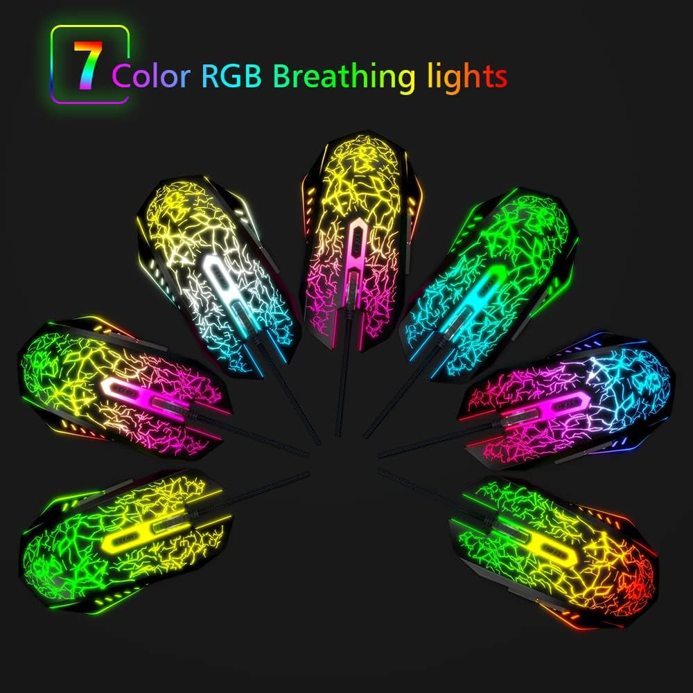 Gaming Mouse Ergonomic Wired Computer Mouse with 7 Colors LED Backlight, 4 DPI Settings up to 3600 DPI Compatible for Chromebook Windows 7/8/10/11 Xp/Mac/Linux Gamer/Notebook/Macbook