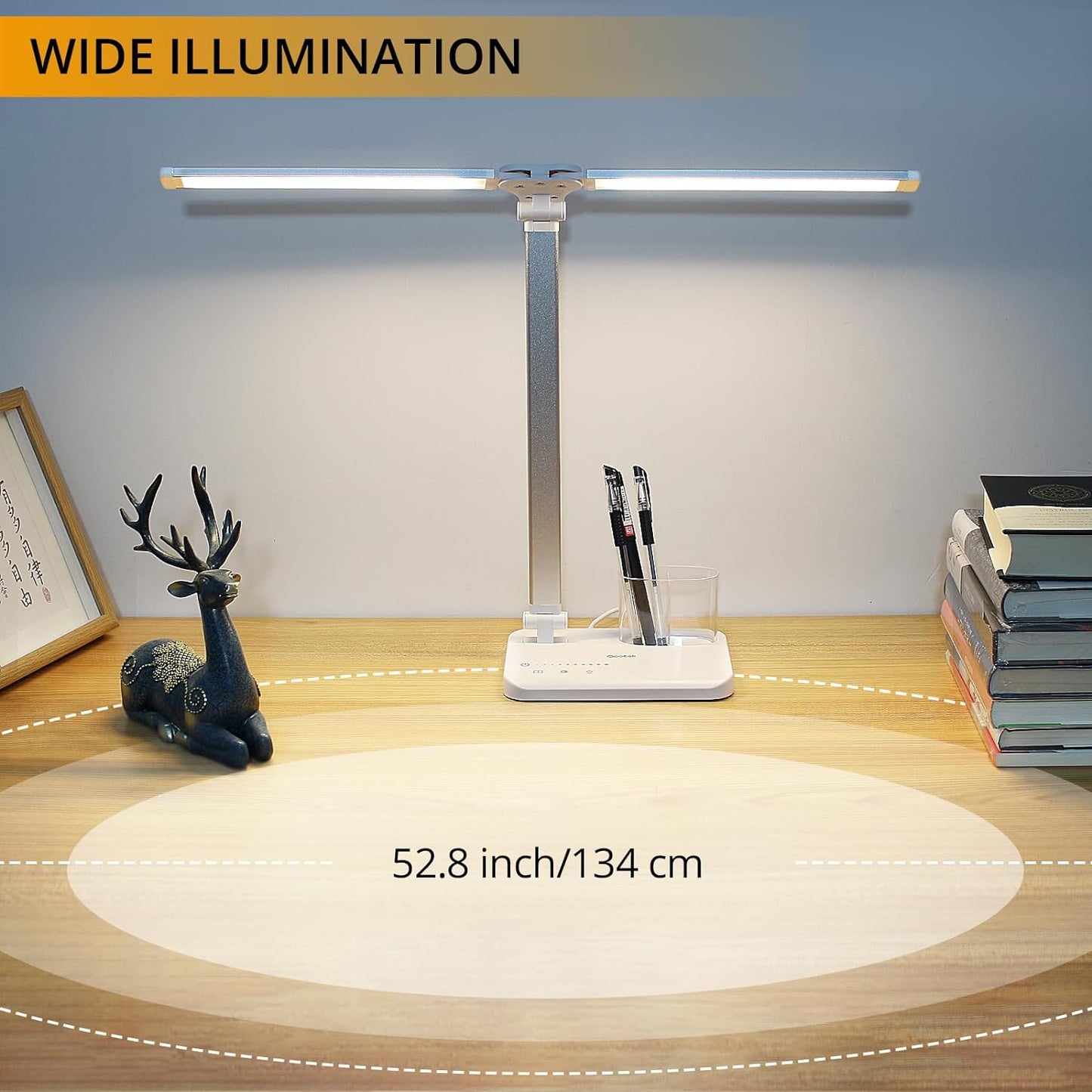 LED Desk Lamp with Touch Control, 5 Color Modes, Adjustable Brightness, Dual Swing Arm, USB Charging Port, Foldable Design, Auto Time, 5W
