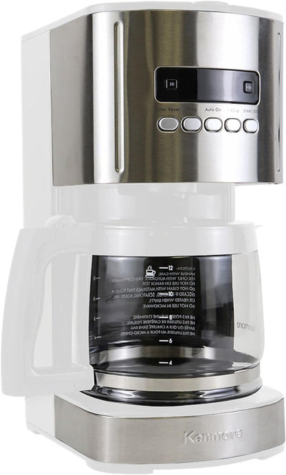 Kenmore Coffee Maker 12 Cup Drip Coffee Machine Reusable Filter Programmable Timer Digital Display Aroma Control Glass Carafe Charcoal Water Filter Regular Bold Stainless Steel and Black