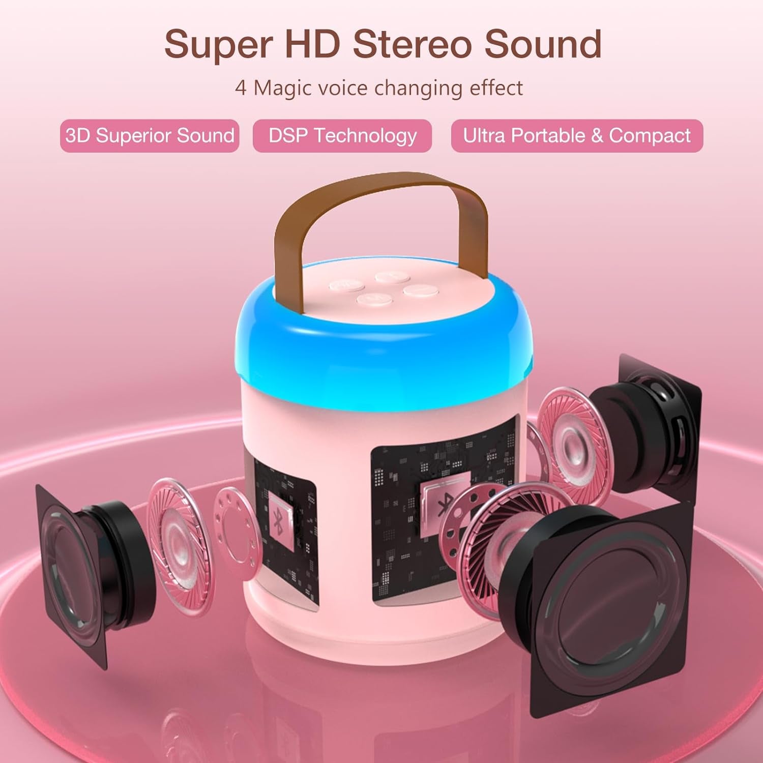 Portable Mini Karaoke Machine with Dual Wireless Microphones and LED Party Lights - Aged 4+