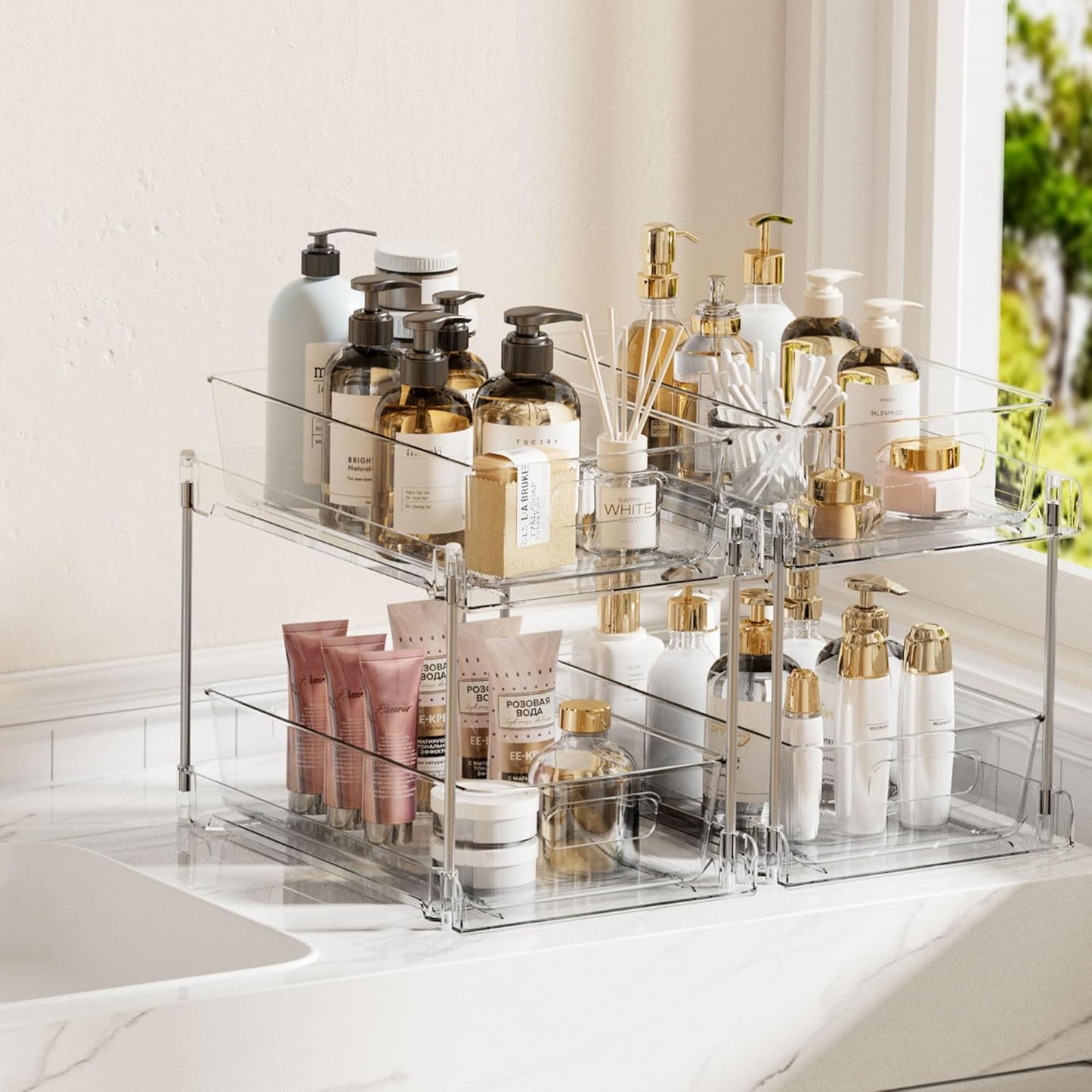 2-Tier Clear Bathroom Storage Organizer Set - Under-Sink and Vanity Counter Containers with Pull-Out Track System
