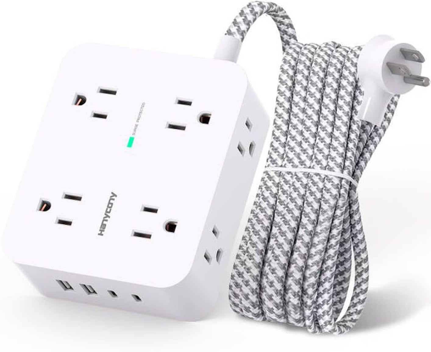 Surge Protector Power Strip with 8 Outlets and 4 USB Charging Ports (2 USB-C), 5Ft Braided Extension Cord, Flat Plug, Wall-Mountable USB-C Charging Station for Home and Office Use