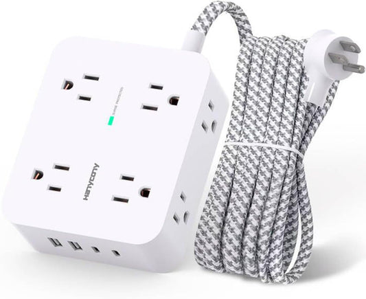 Surge Protector Power Strip with 8 Outlets and 4 USB Charging Ports (2 USB-C), 5Ft Braided Extension Cord, Flat Plug, Wall-Mountable USB-C Charging Station for Home and Office Use