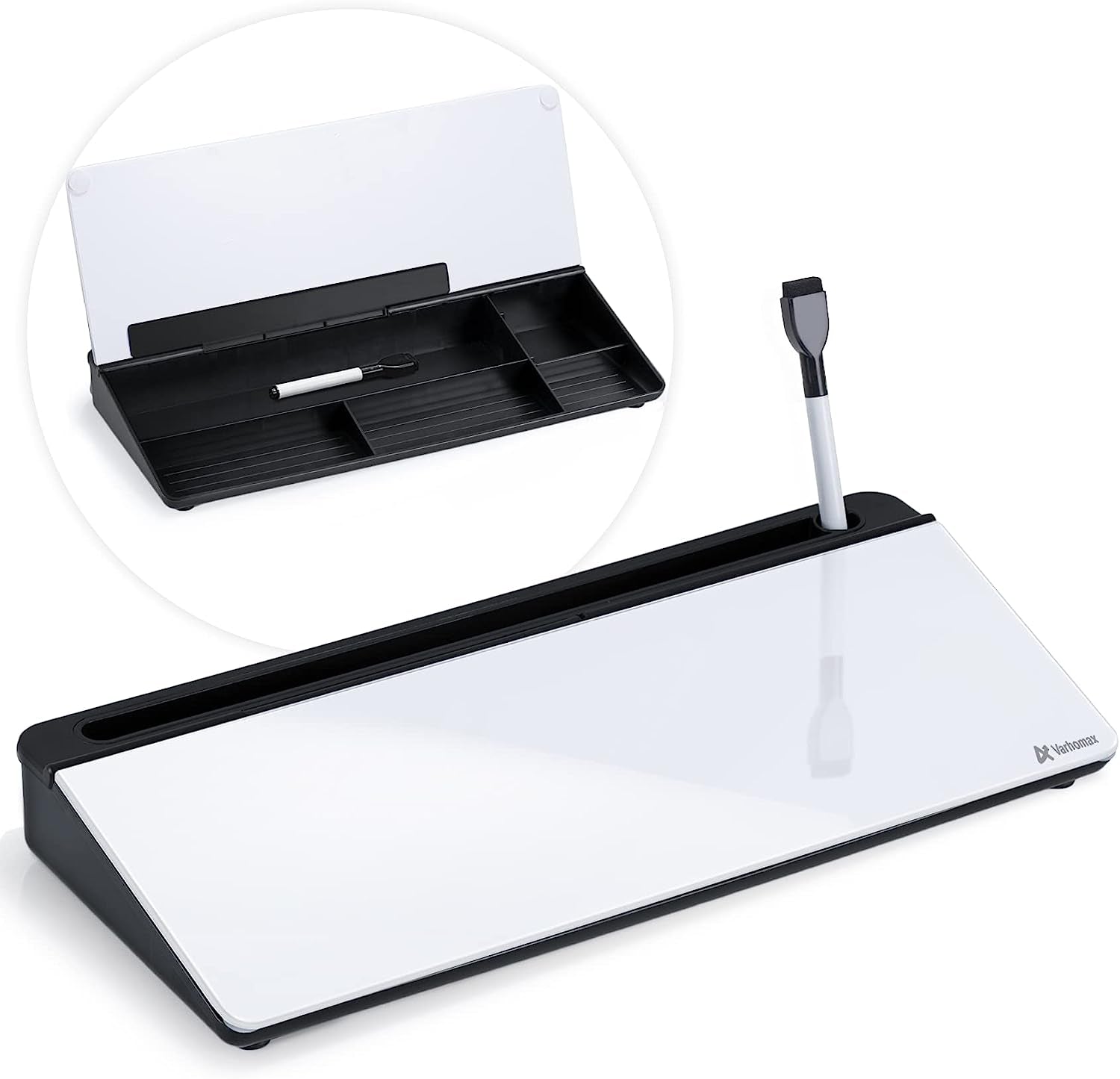 Dry Erase Glass Desk Whiteboard with Storage Caddy - Desktop Memo Notepad for Home Office and School (Gray)