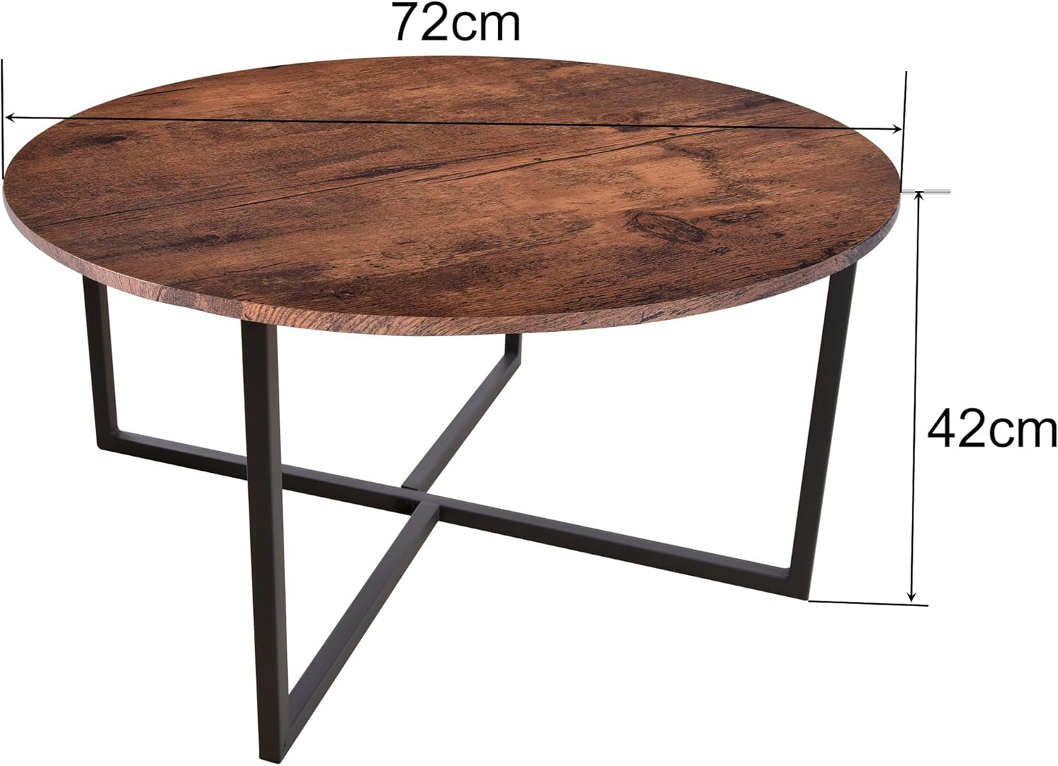 Round Coffee Table with X Base Metal Frame, Accent Furniture for Home Office, Black and Brown