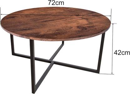 Round Coffee Table with X Base Metal Frame, Accent Furniture for Home Office, Black and Brown