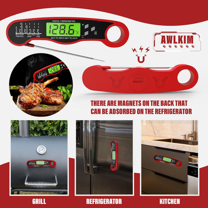 Digital Meat Thermometer - Instant Read Food Thermometer - Waterproof, Backlit Display, and Hold Function - Red