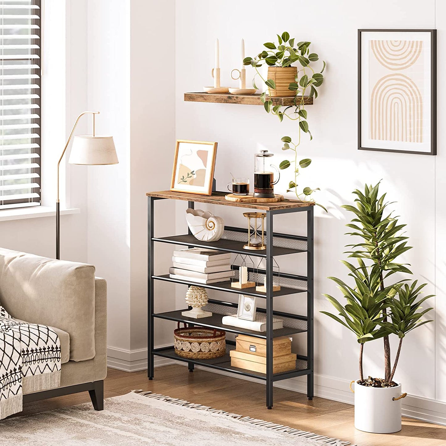 5-Tier Adjustable Shoe Rack - Durable and Stable Shoe Storage Unit for 16 Pairs -  Rustic Brown Finish