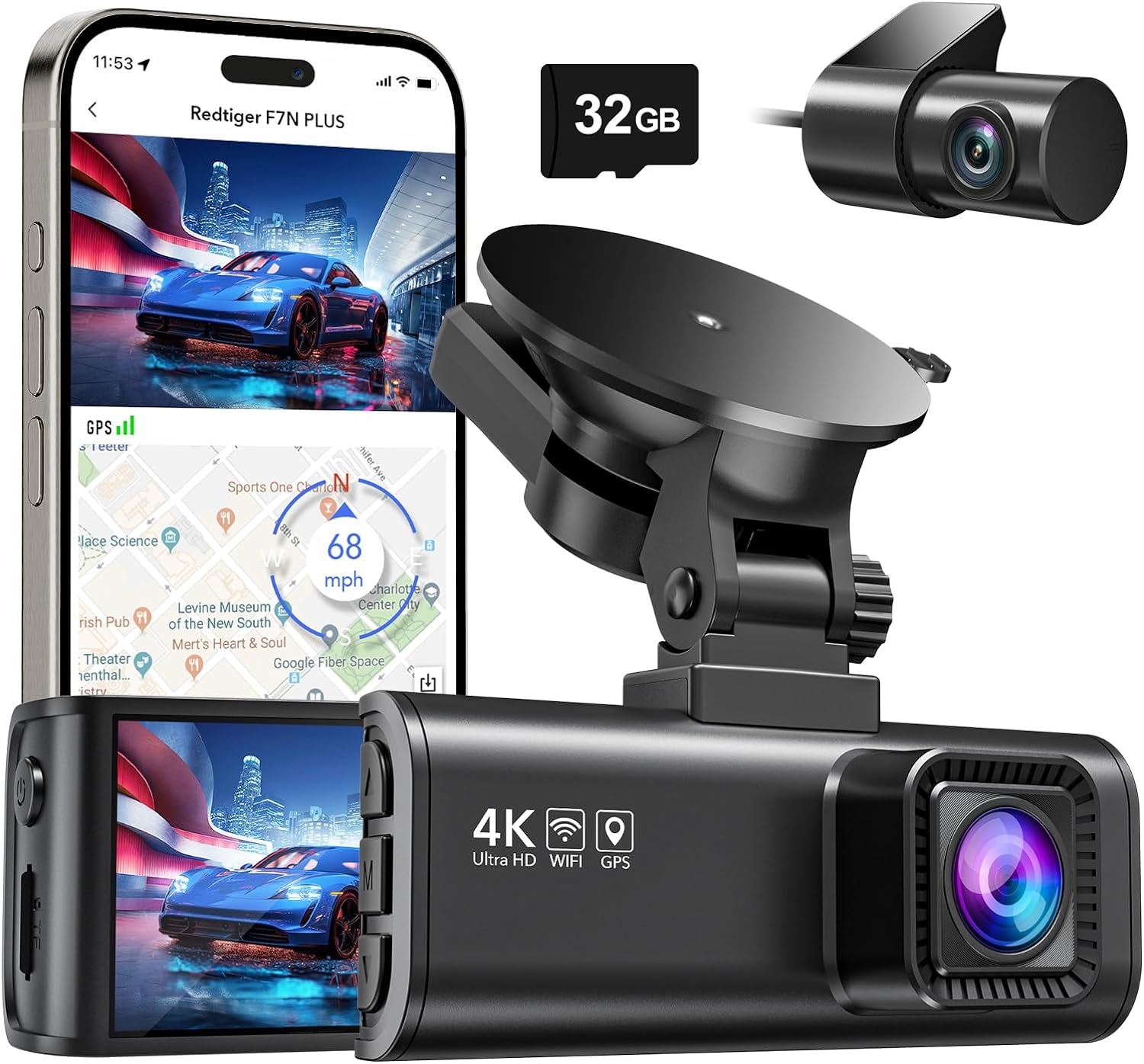 4K/2.5K Full HD Dual Dash Camera for Vehicles with 32GB Card, Built-In Wi-Fi and GPS, 3.18” IPS Display, Night Vision, 170° Wide Angle, WDR, and 24-Hour Parking Mode