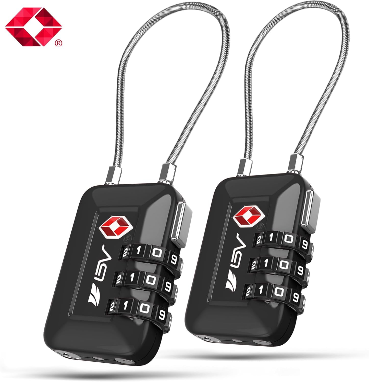 TSA-Approved Combination Travel Lock Set for Luggage, Gym Lockers, Filing Cabinets, and Toolboxes (Black, 2-Pack)
