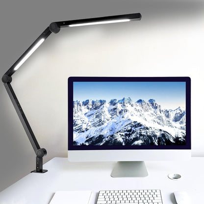 LED Desk Lamp with Clamp, Flexible 4-Section Swing Arm, Three Light Sources, 4 Color Modes, 5 Brightness Levels, Memory Function 