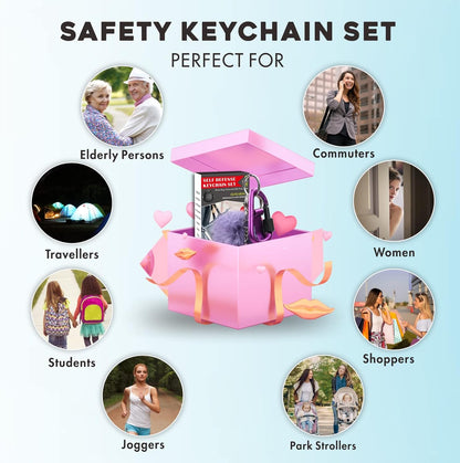 Safe Sound Personal Alarm, 6 Pcs Keychain Accessories - Alarm Keychain, LED Light, Cute Pom Pom, Whistle, and Locking Carabiner Clip