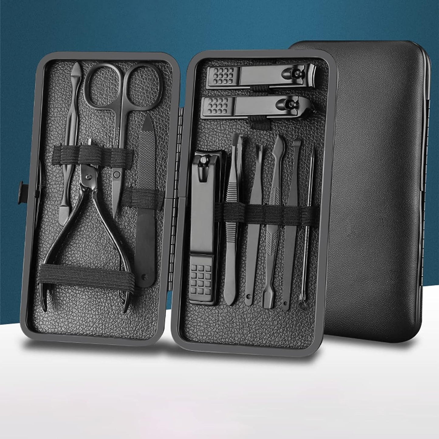 Professional 12-Piece Stainless Steel Manicure and Pedicure Set with Luxurious Travel Leather Case - (Black)