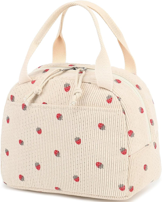Corduroy Insulated Lunch Tote Bag for Men and Women - Reusable Large Capacity Cooler for Work, Picnics, and Travel (Strawberry Design)