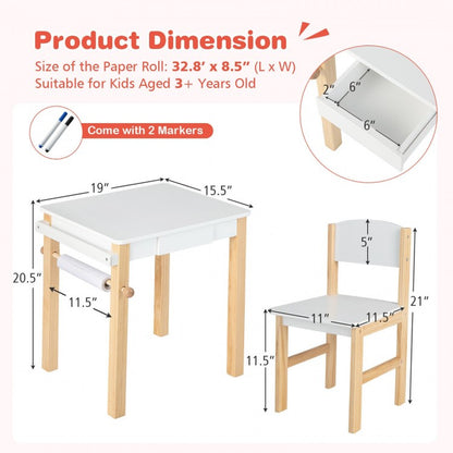 Children's Art Table and Chair Set with Storage Drawer, Paper Roll, and Two Markers