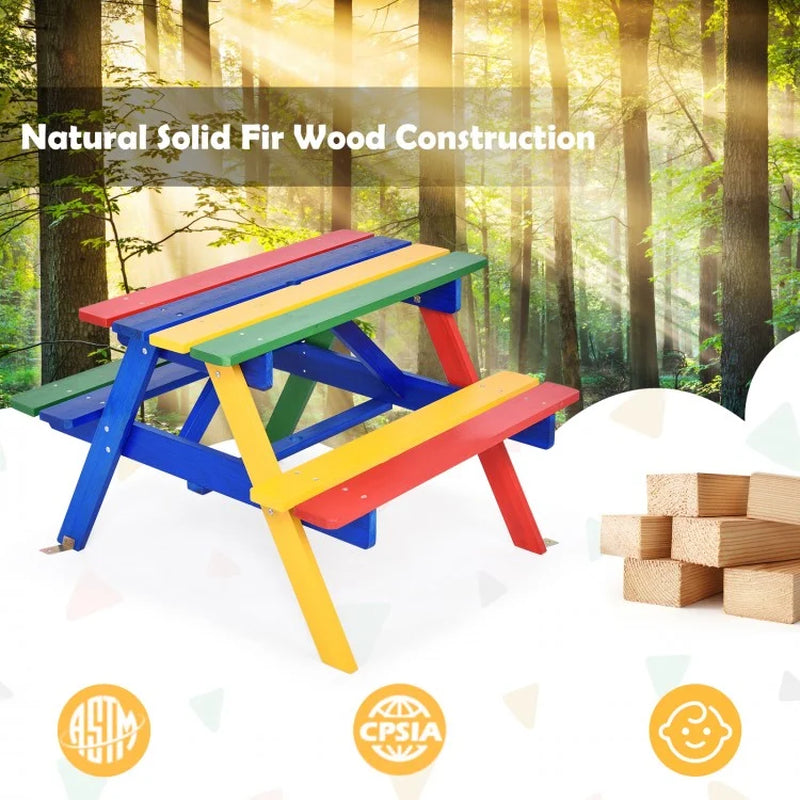 Outdoor Children's Picnic Table Bench Set with Removable Umbrella for Four Seats