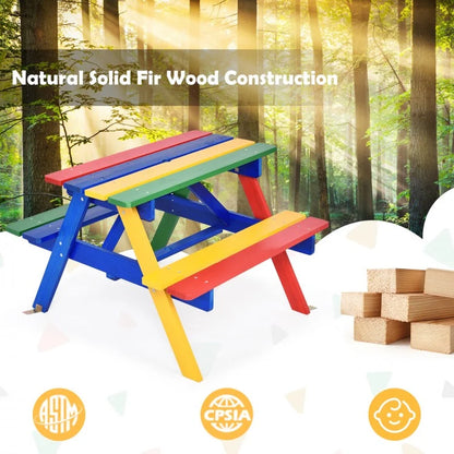 Outdoor Children's Picnic Table Bench Set with Removable Umbrella for Four Seats