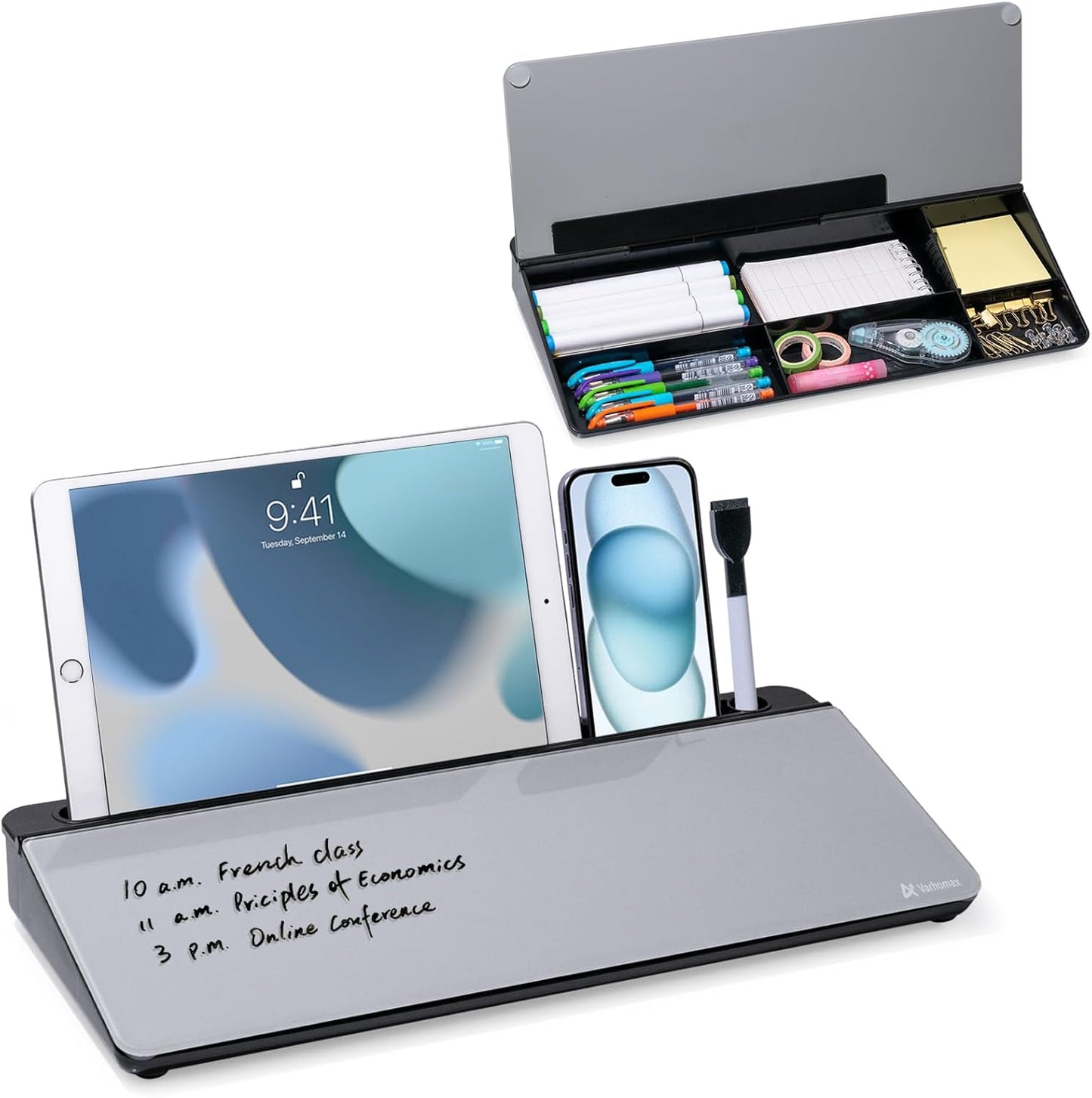 Dry Erase Glass Desk Whiteboard with Storage Caddy - Desktop Memo Notepad for Home Office and School (Gray)