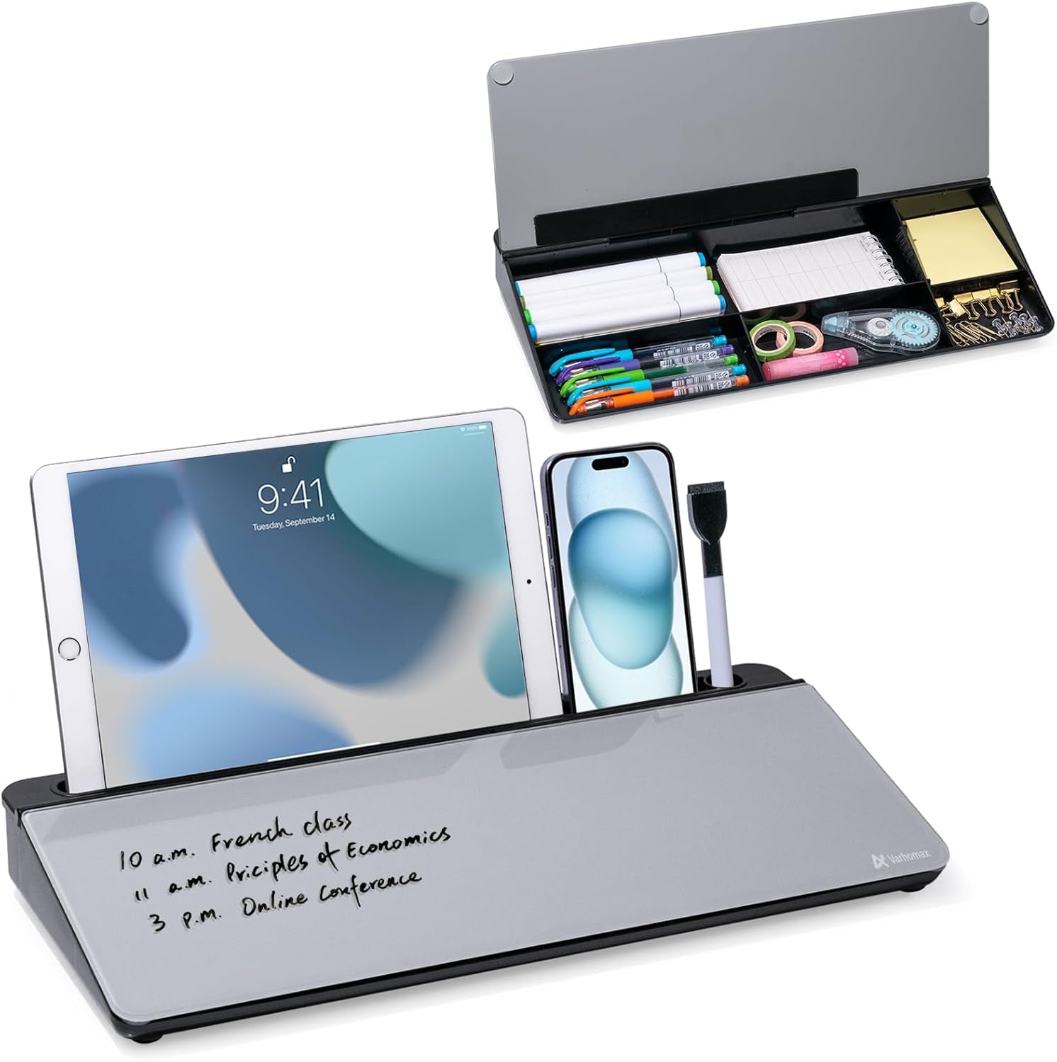 Dry Erase Glass Desk Whiteboard with Storage Caddy - Desktop Memo Notepad for Home Office and School (Gray)