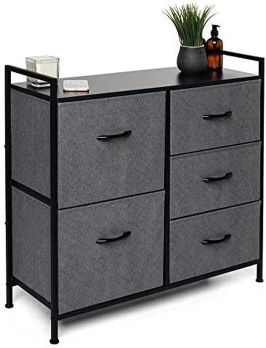Fabric Dresser with 5 Drawers - Dresser for Bedroom - Wide Dresser Storage - Organizer Unit with Wood Top & Easy Pull Handle for TV Stand, Closet, Living Room, Nursery Room & Dorm - Dark Grey