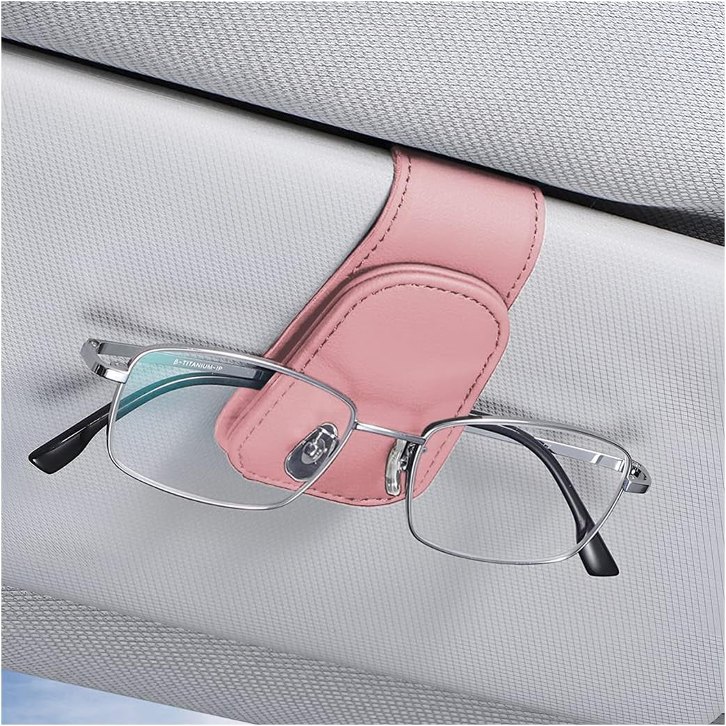 Car Sun Visor Sunglasses Holder, Leather Eyeglasses Hanger with Magnetic Clip - Universal Auto Interior Accessory 
