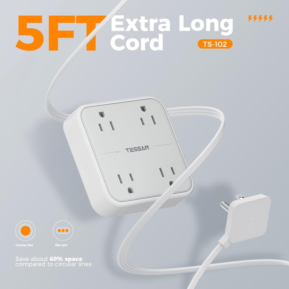 Flat Plug Power Strip with Surge Protection, 5-Foot Extension Cord, 4 Outlets for Home Office and Dorm Room, Gray
