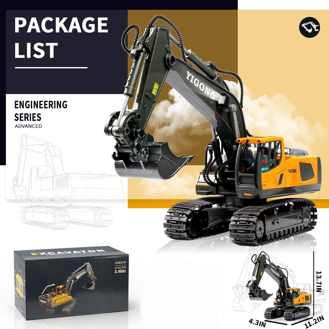 Remote Control Excavator Toy for Boys Ages 4+, RC Construction Vehicle-Metal Shovel, Lights, Sounds, 2.4GHz, 680-Degree Rotation 