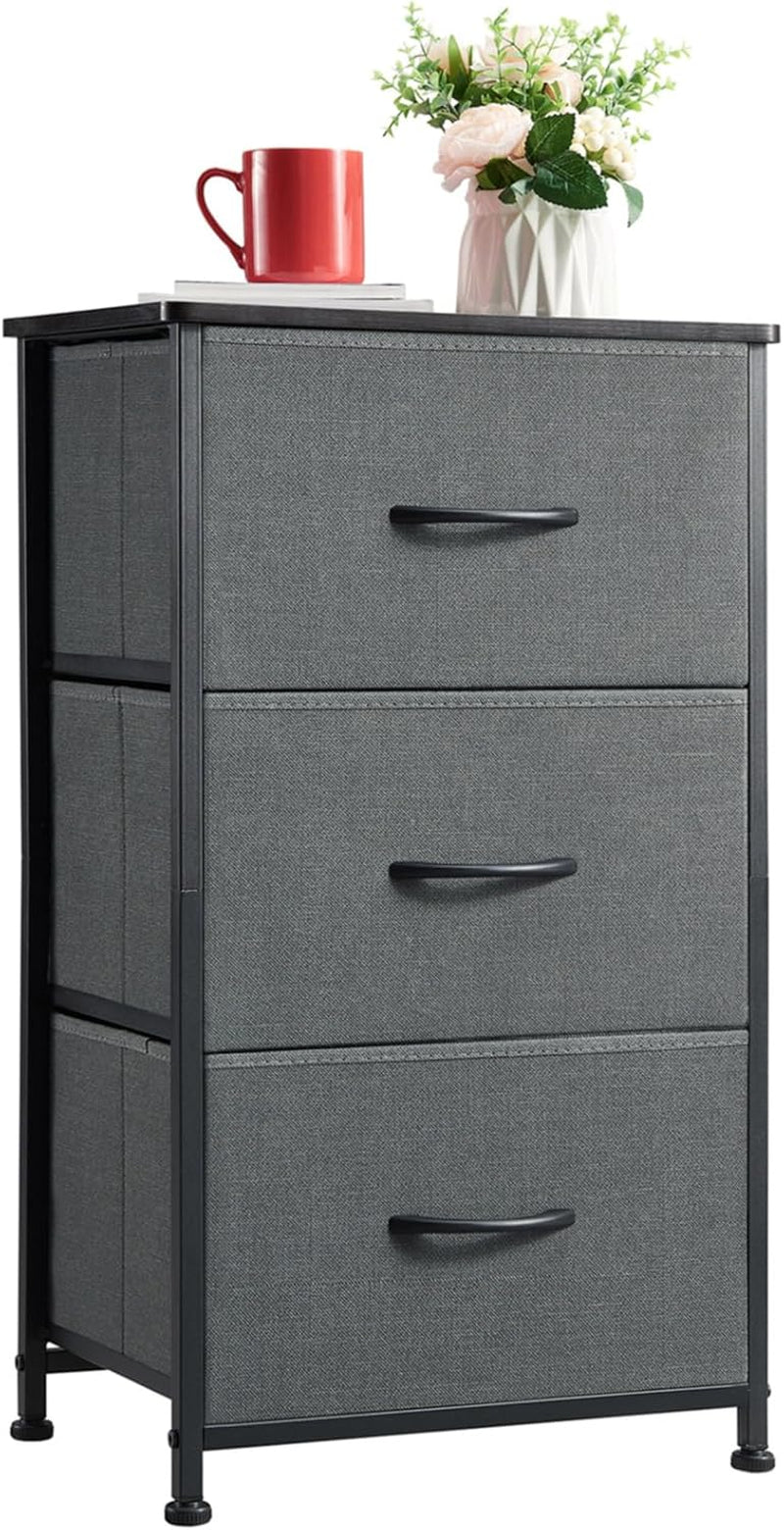 Nightstand with 3 Drawers, Small Dresser for Bedroom, Bedside Table Night Stand End Table with Fabric Bins for Bedroom Closet Dorm Kids Room, Charcoal Grey